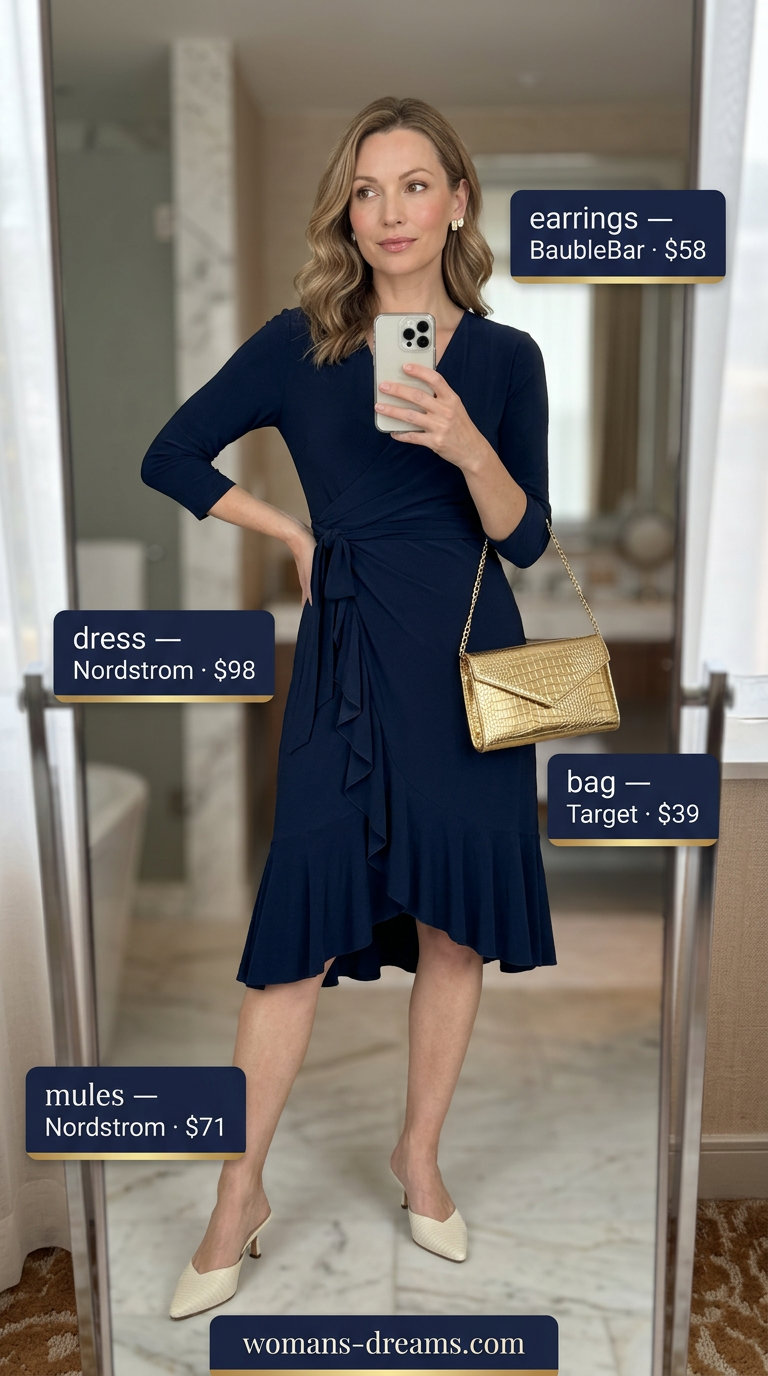 Navy wrap dress, metallic gold clutch, gold stud earrings, and cream heeled mules for summer date night outfits for women 2026.