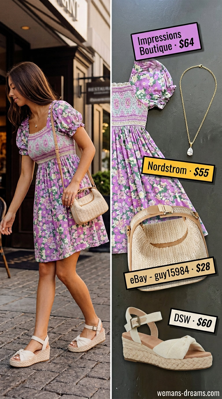 Pastel floral mini dress, straw bag, gold necklace, and espadrilles for summer date night outfits for women 2026.