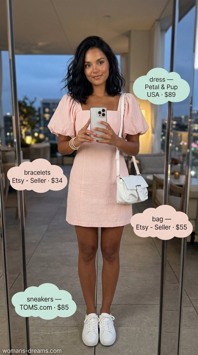 Blush pink mini dress, white sneakers, white crossbody bag, and beaded bracelet for summer date night outfits for women 2026.