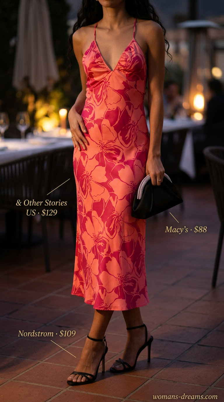 Coral satin slip dress, black heeled sandals, layered gold necklaces, and black envelope clutch for summer date night outfits for women 2026.