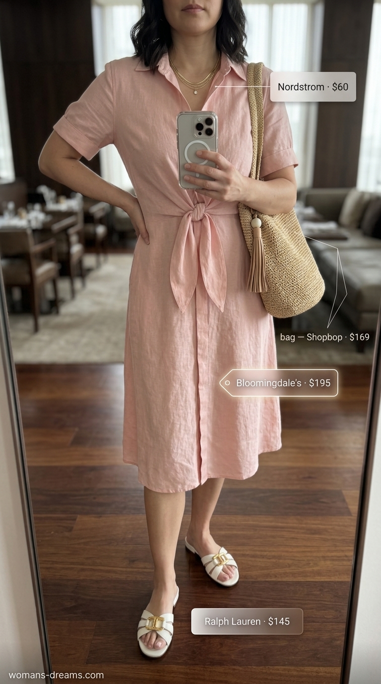 Blush pink linen midi shirt dress for casual summer date night 2026. Effortless chic outfit with tan sandals.