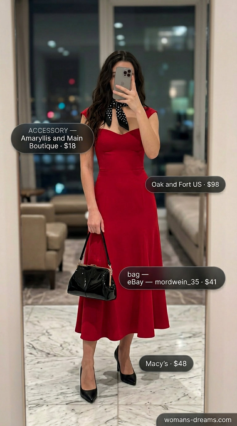 Cherry red fit-and-flare midi dress for retro summer date night 2026. Glamorous outfit with pumps.