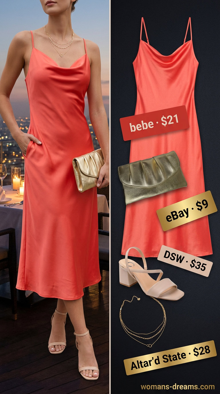 Coral satin midi dress for summer date night outfits for women 2026. Slip dress, nude sandals, gold clutch, layered necklaces.