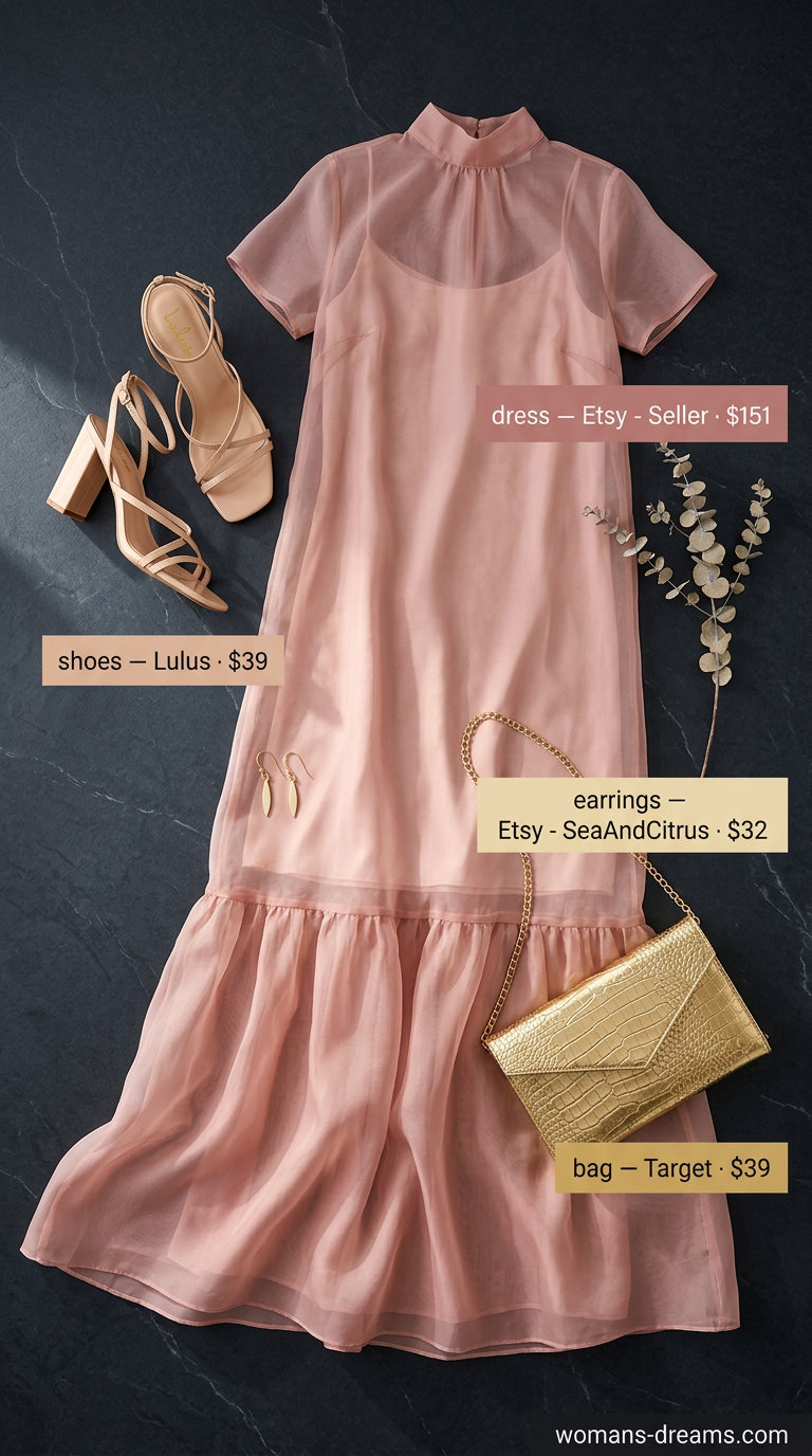 Dusty rose sheer elegance maxi dress for summer date night 2026. Romantic evening outfit with gold accessories.