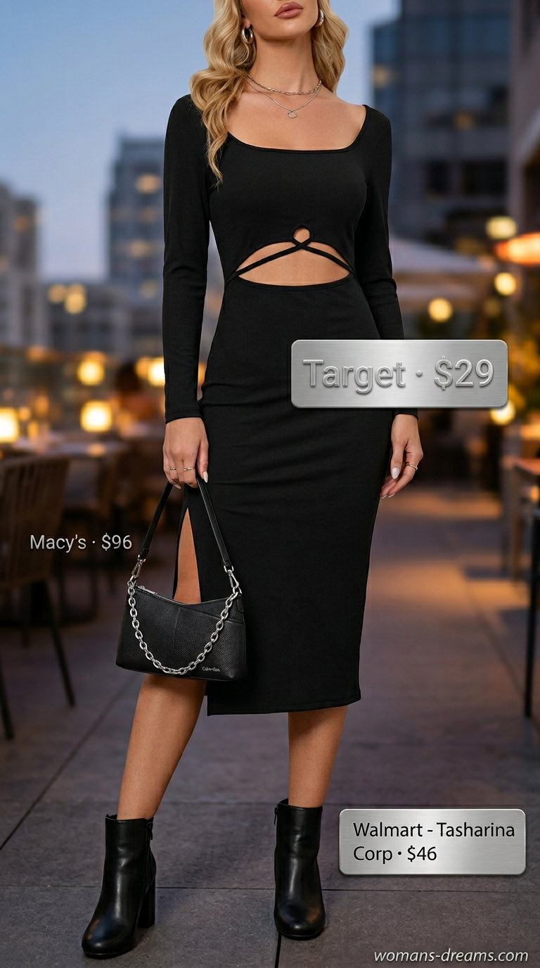 Black cut-out midi dress for summer date night outfits for women 2026. Edgy dress, ankle boots, silver hoops, shoulder bag.