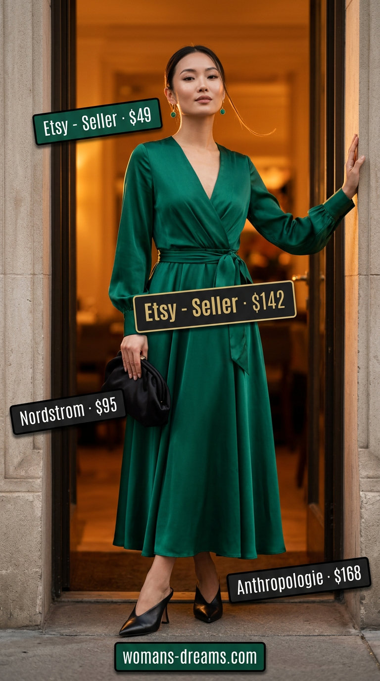 Emerald green wrap dress for summer date night outfits for women 2026. Silk midi dress, black mules, gold earrings, black clutch.