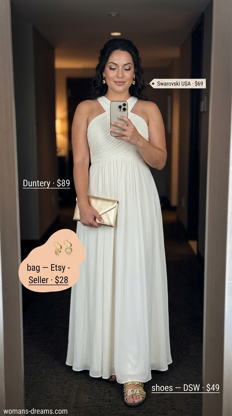 Grecian Goddess maxi dress for summer date night 2026. Ivory chiffon dress with gold sandals & clutch.