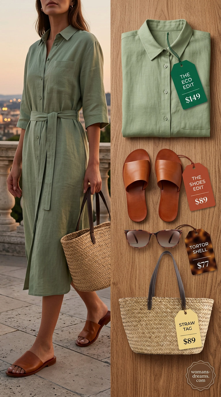 Linen shirt dress for summer date night outfits for women 2026. Sage green dress, tan slides, straw tote, tortoiseshell sunglasses.