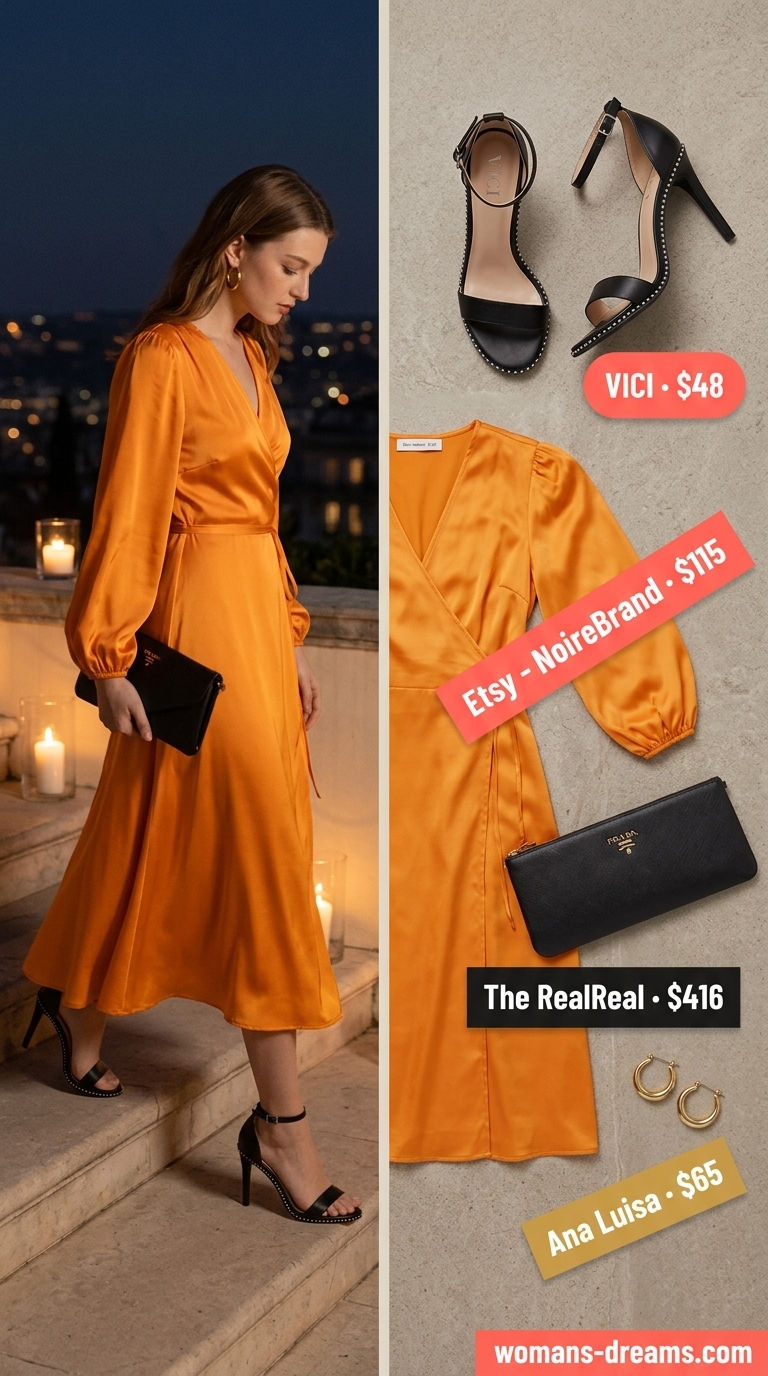 Mango orange satin wrap dress for summer date night 2026. Vibrant outfit with heeled sandals.