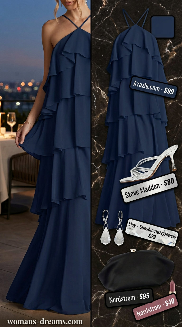 Elegant navy maxi dress for summer date night outfits for women 2026. Flowing dress, silver heels, black clutch, crystal earrings.