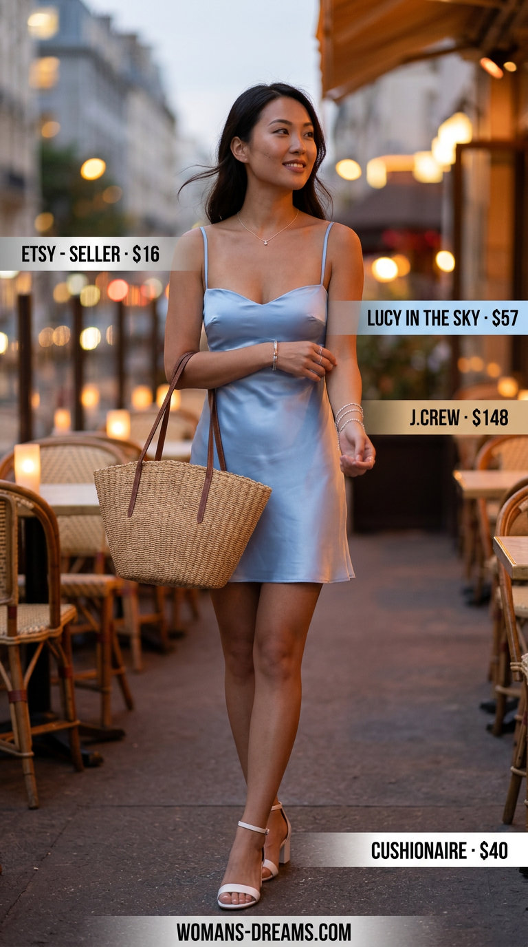 Pastel blue sundress for summer date night outfits for women 2026. Sweetheart neckline dress, white block heels, straw tote, silver bracelet.