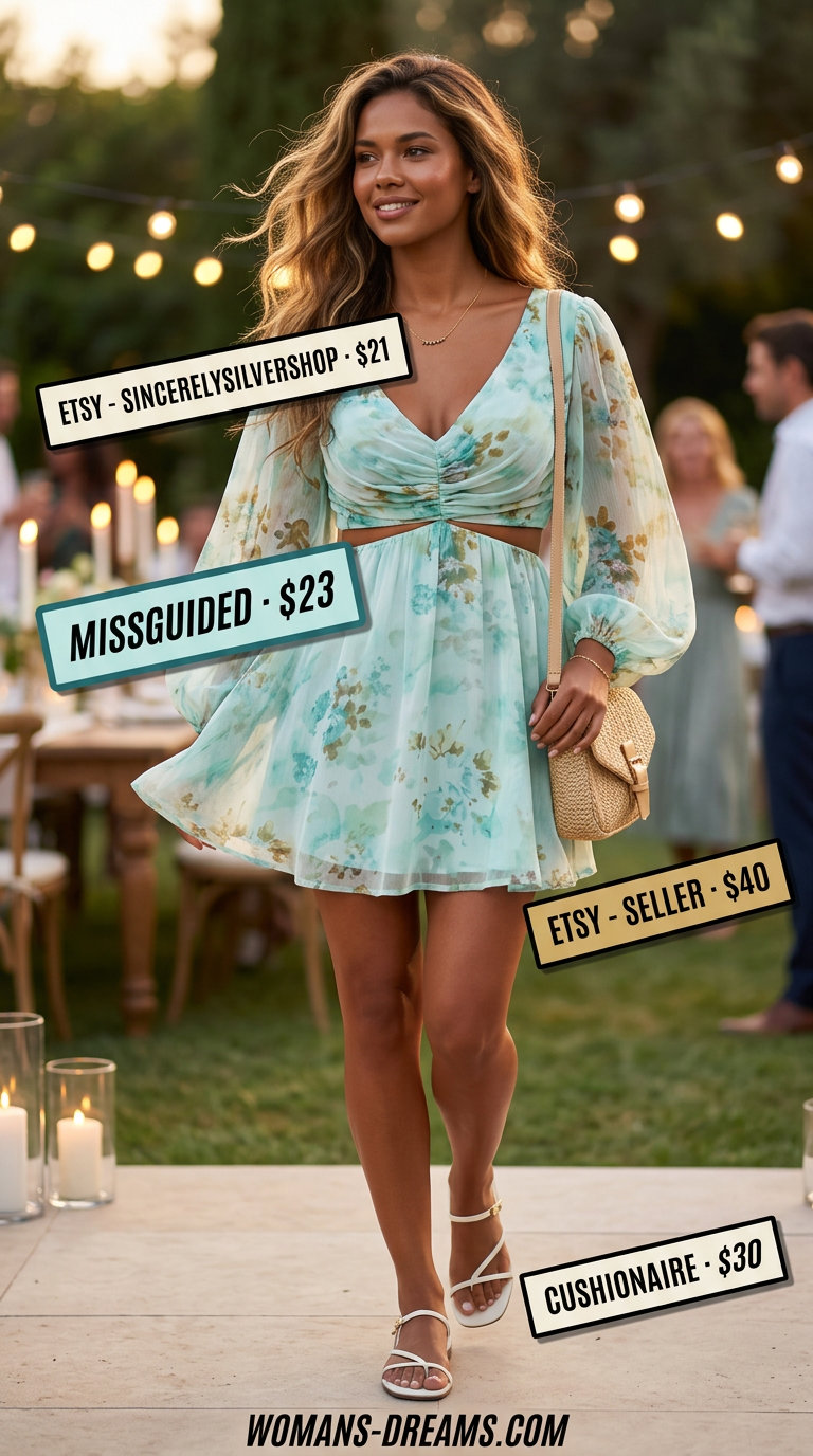 Pastel floral mini dress for garden party date night 2026. Feminine outfit with straw crossbody.