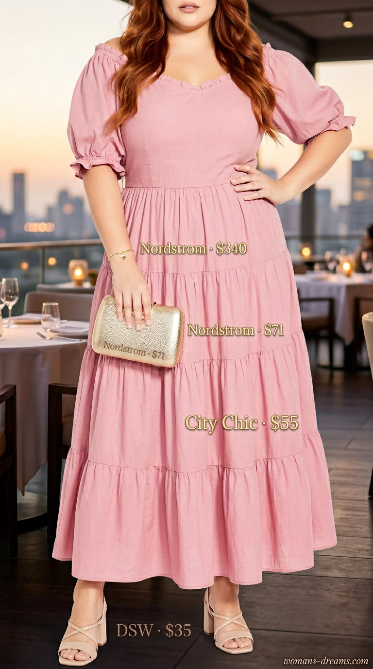 Blush pink puff sleeve maxi dress for summer date night outfits for women 2026. Romantic dress, nude sandals, gold clutch, gold bracelet.
