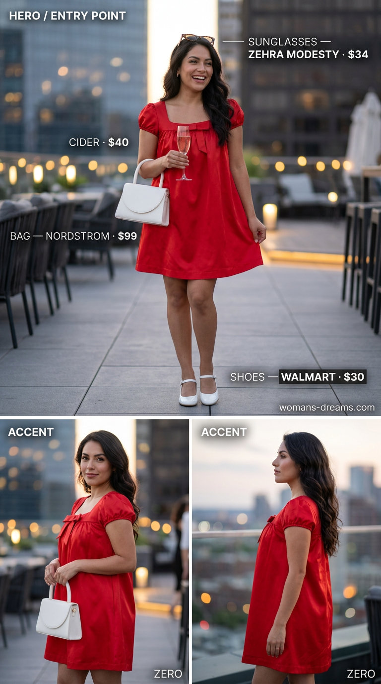 Vibrant red babydoll mini dress for retro summer date night 2026. Playful outfit with Mary Janes.