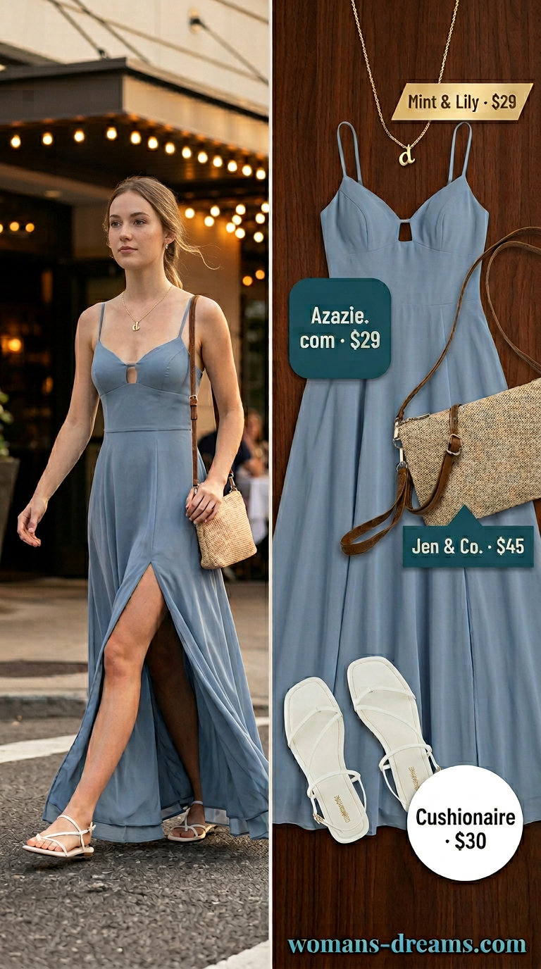 Sweetheart sundress for summer date night outfits for women 2026. Pastel blue dress, white sandals, gold necklace, straw bag.