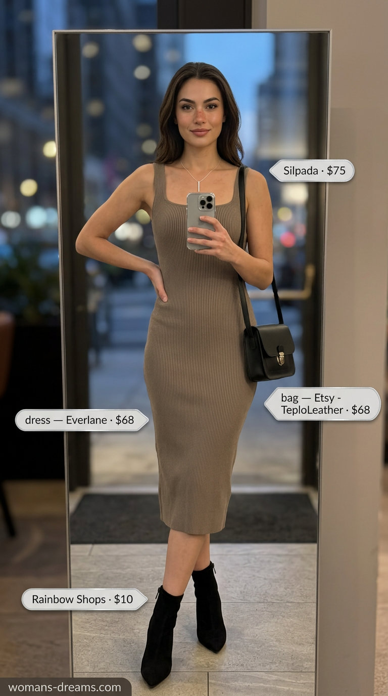 Taupe bodycon midi dress for modern summer date night 2026. Sleek outfit with ankle boots & crossbody bag.