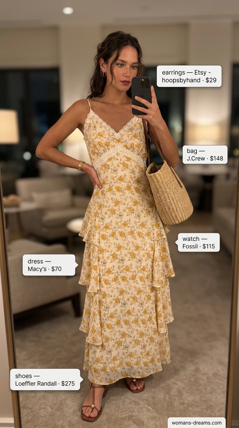 Yellow floral maxi dress for summer garden party date night 2026. Feminine outfit with straw tote.