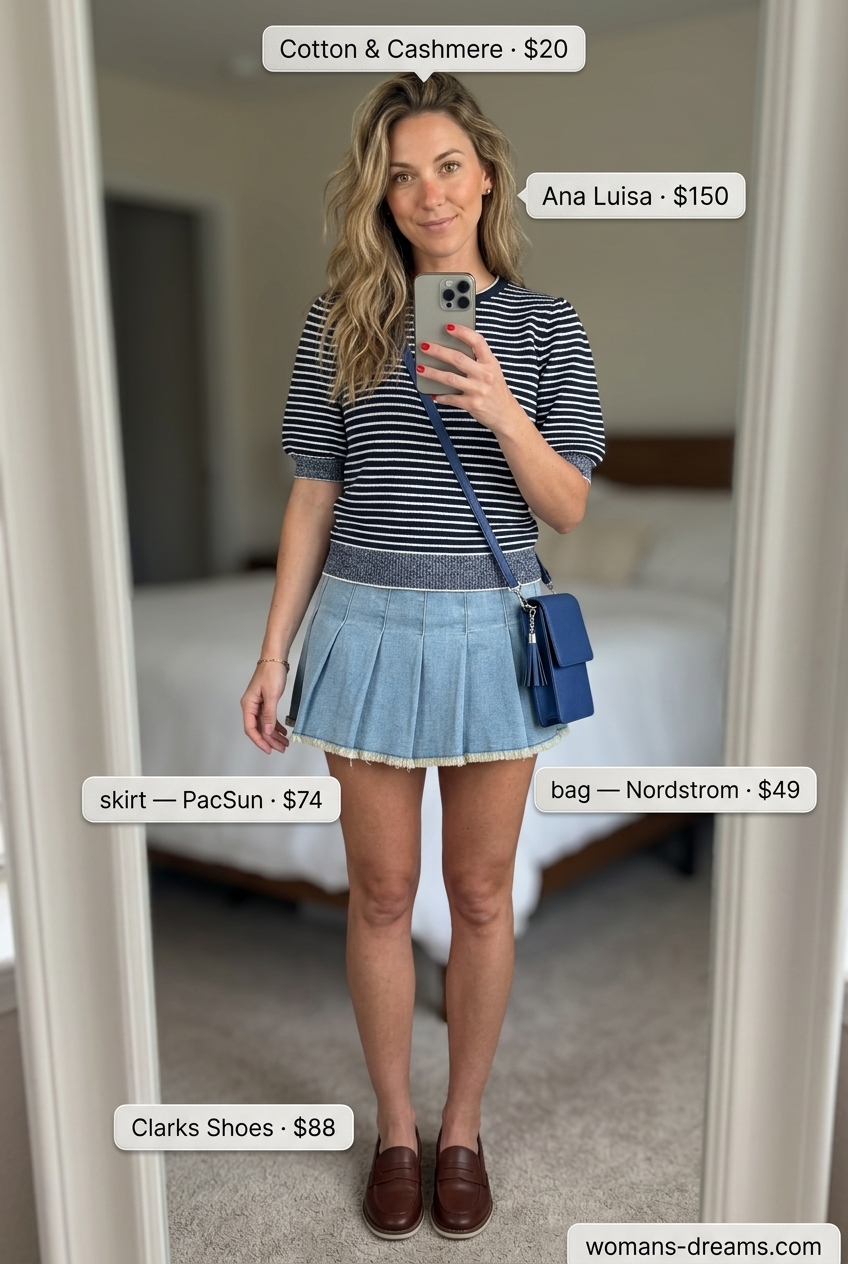 Chic Denim Skirt Outfit 2026 Preppy meets summer outfit with a light wash denim mini skirt, striped knit top, and leather loafers. Summer Denim skirt 2026.
