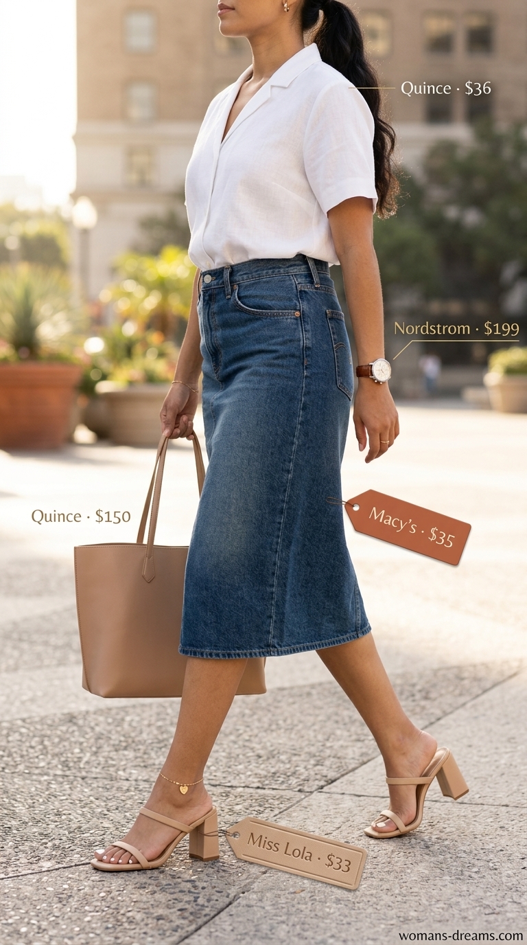 Office Denim Skirt Outfit 2026 Summer office chic outfit with a tailored denim pencil skirt, white linen blouse, and nude block heels. Summer Denim skirt 2026.