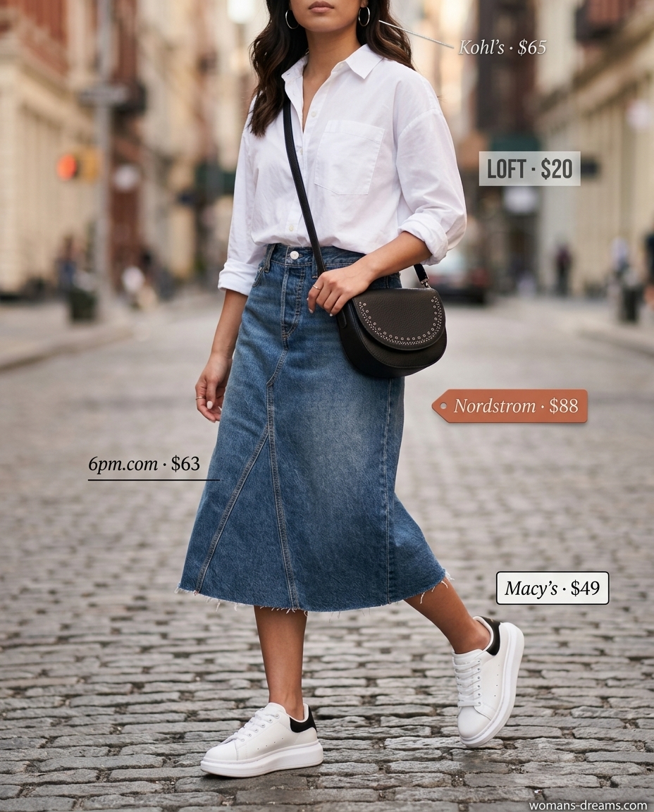 Urban Denim Skirt Outfit 2026 Urban explorer outfit with a medium wash denim midi skirt, oversized white shirt, and chunky sneakers. Summer Denim skirt 2026.