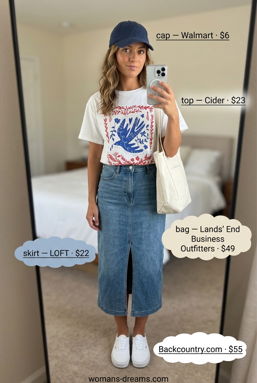 Casual Denim Skirt Outfit 2026 Casual summer outfit with a medium wash denim skirt, graphic tee, sneakers, and baseball cap for 2026 errands.