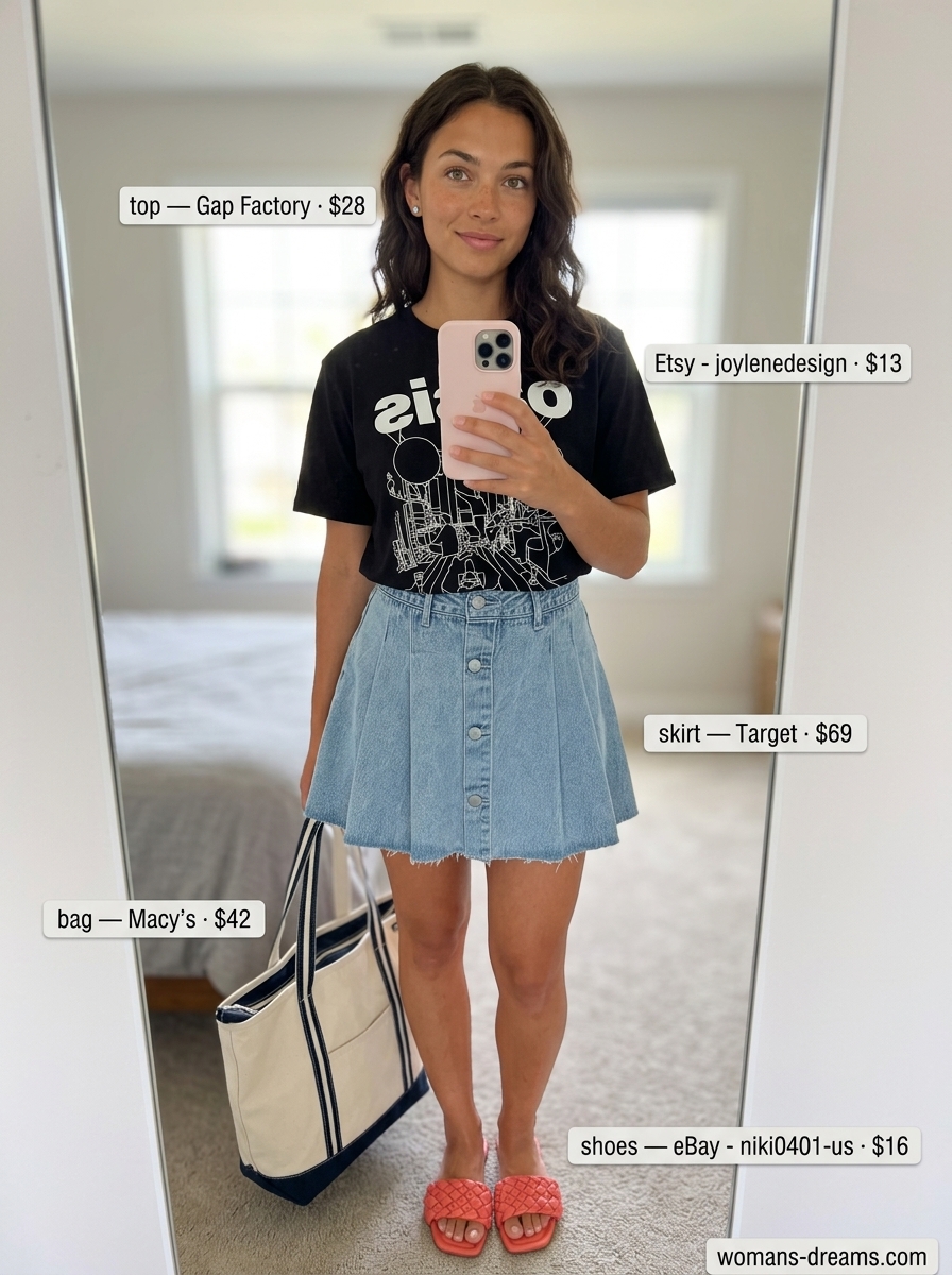 Casual Denim Skirt Style 2026 Casual summer denim skirt outfit with a graphic tee, flat slides, and canvas tote bag.