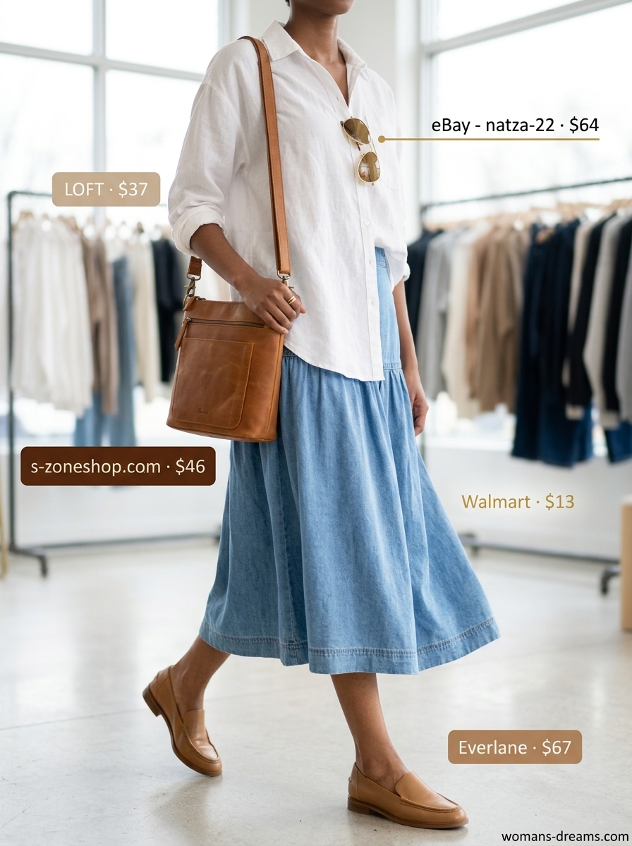 City Break Denim Skirt Outfit 2026 City Break outfit with a light wash denim skirt, white linen shirt, and tan loafers for summer 2026 travel.