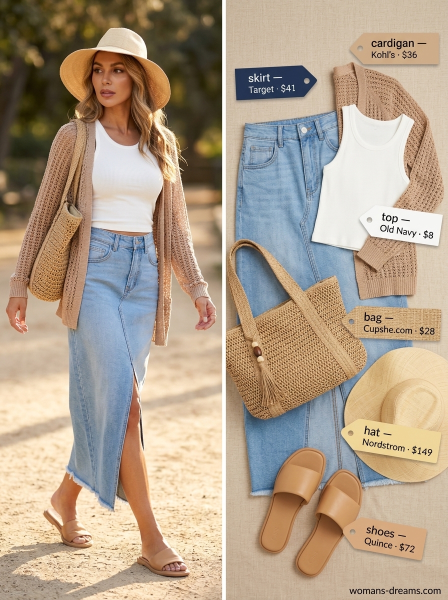 Coastal Denim Maxi Skirt 2026 Coastal breeze outfit with a light wash denim maxi skirt, ribbed tank, and straw hat.