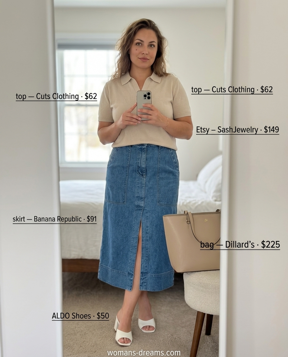 Elevated Casual Denim Skirt 2026 Elevated casual outfit with a tailored denim midi skirt, knit polo, and leather mules.