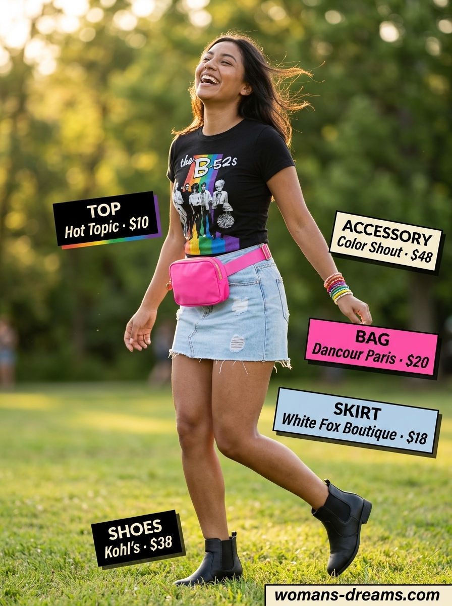 Festival Denim Skirt Look 2026 Fun festival outfit with a distressed denim mini skirt, graphic tee, and hot pink belt bag for summer 2026.