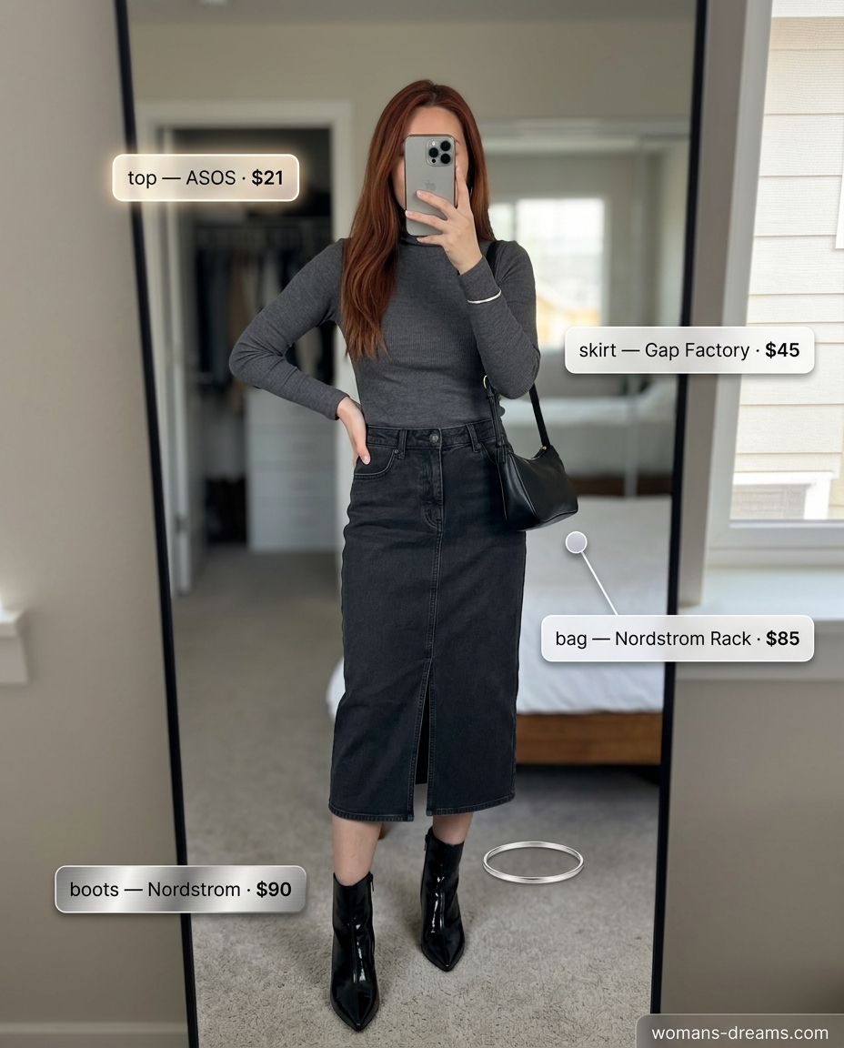 Monochrome Denim Skirt Style 2026 Monochrome black denim pencil skirt outfit for office casual in summer 2026, with a turtleneck and ankle boots.