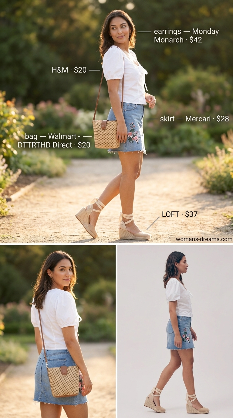 Picnic Perfect Denim Skirt 2026 Picnic perfect outfit with a floral denim mini skirt, puff sleeve blouse, and espadrille wedges.