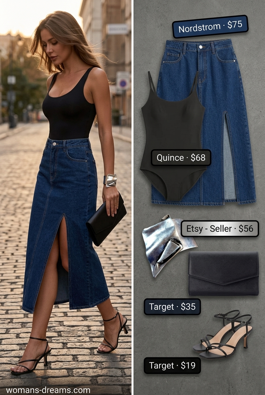 Sunset Cruise Denim Skirt Style 2026 Glamorous dark wash denim midi skirt outfit for a sunset cruise in summer 2026, with black heels and a silver cuff.