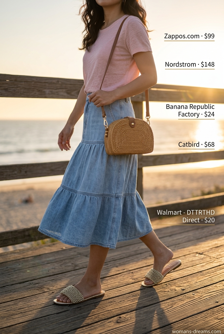 Sunset Cruise Denim Skirt Outfit 2026 Relaxed sunset cruise outfit with a tiered denim midi skirt, soft pink top, and straw crossbody bag for summer 2026.