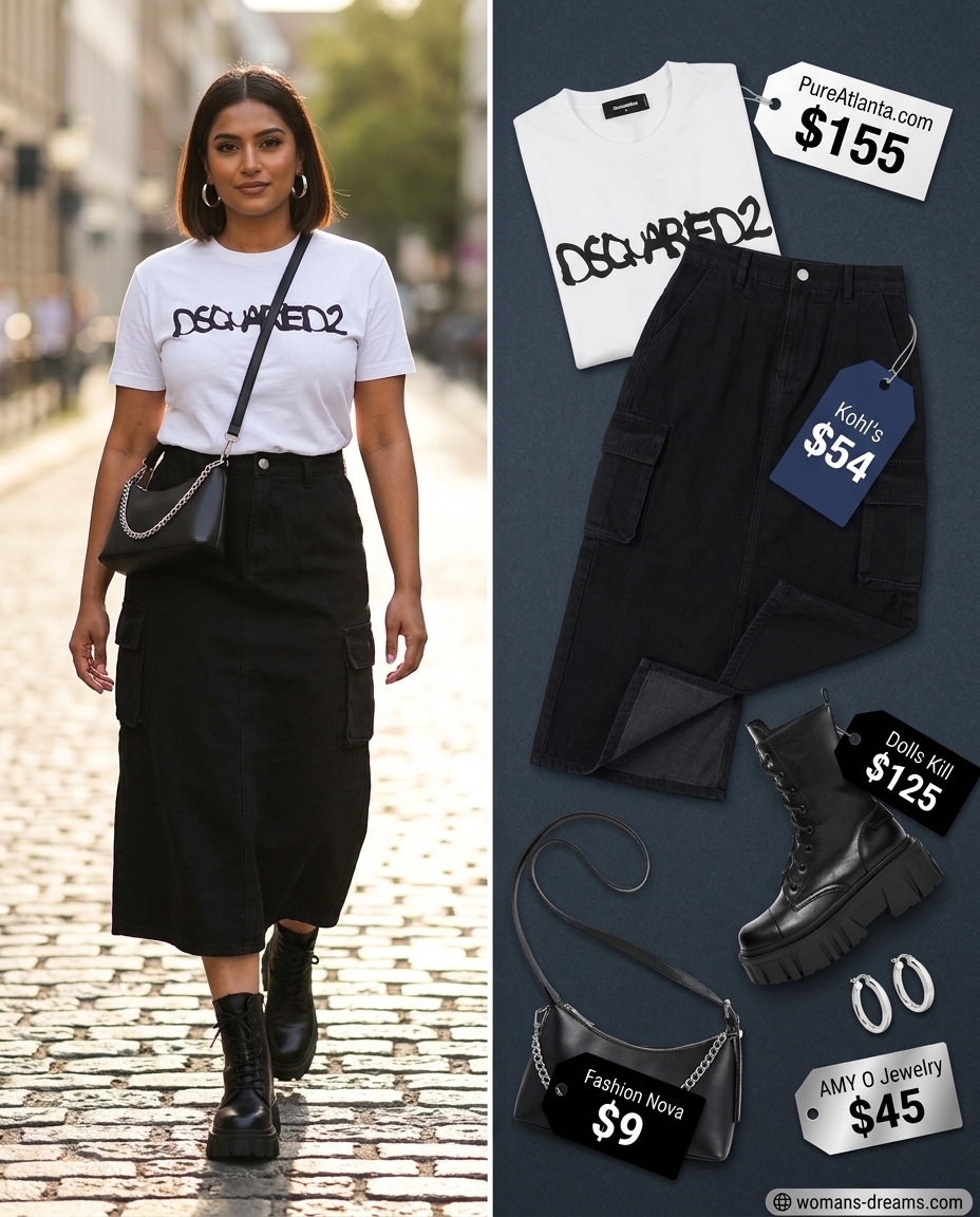 Urban Explorer Denim Skirt 2026 Urban explorer outfit with a black cargo denim skirt, graphic tee, platform boots, and crossbody bag.