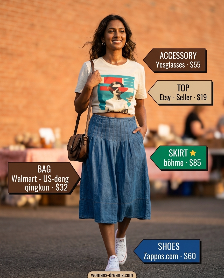 Vintage Summer Denim Skirt Outfit 2026 Vintage summer denim skirt outfit with graphic tee, sneakers, and saddlebag for a casual outing.