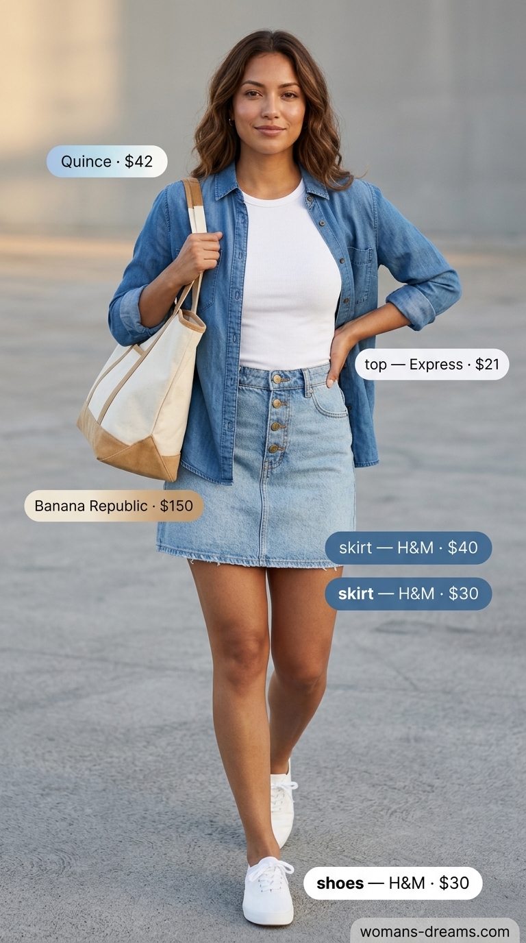 Weekend Denim Skirt Look 2026 Weekend farmer's market outfit with a light blue chambray shirt, white tee, and denim mini skirt for summer 2026.