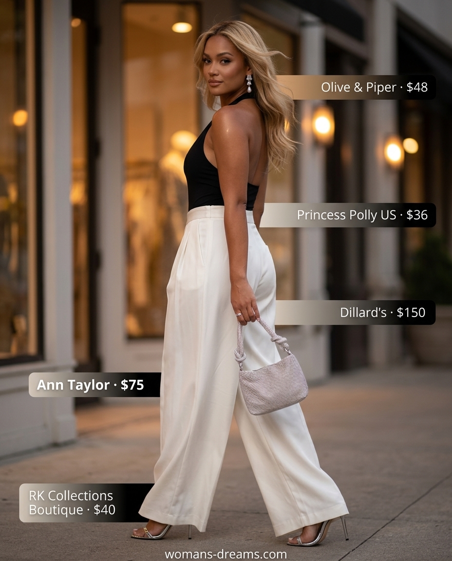 Elegant black halter bodysuit with ivory palazzo pants outfit for women 2026.