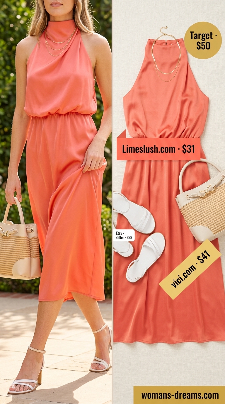 Chic coral halter midi dress outfit for women 2026, perfect for summer evenings.