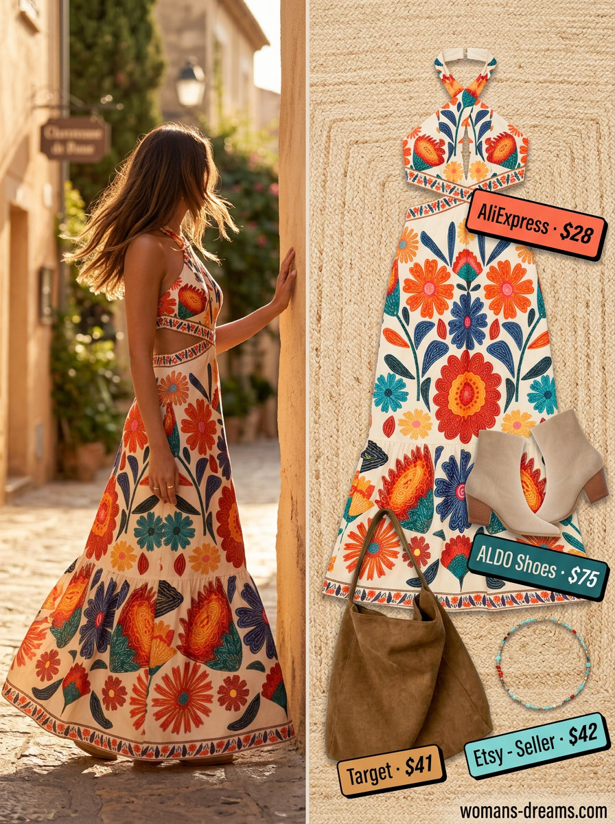 Bohemian multi-color floral halter maxi dress outfit for women 2026, ideal for festivals.