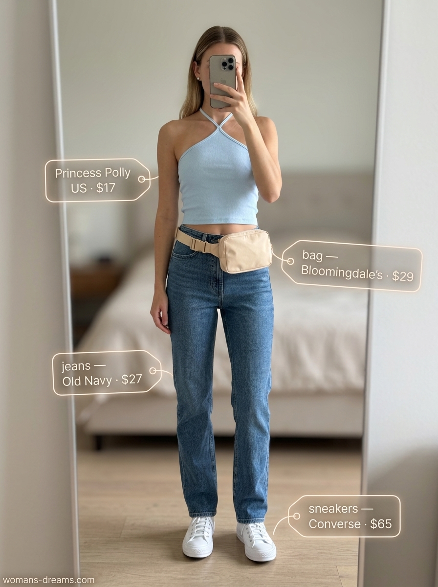 Casual pastel blue halter crop top with high-waist jeans outfit for women 2026.