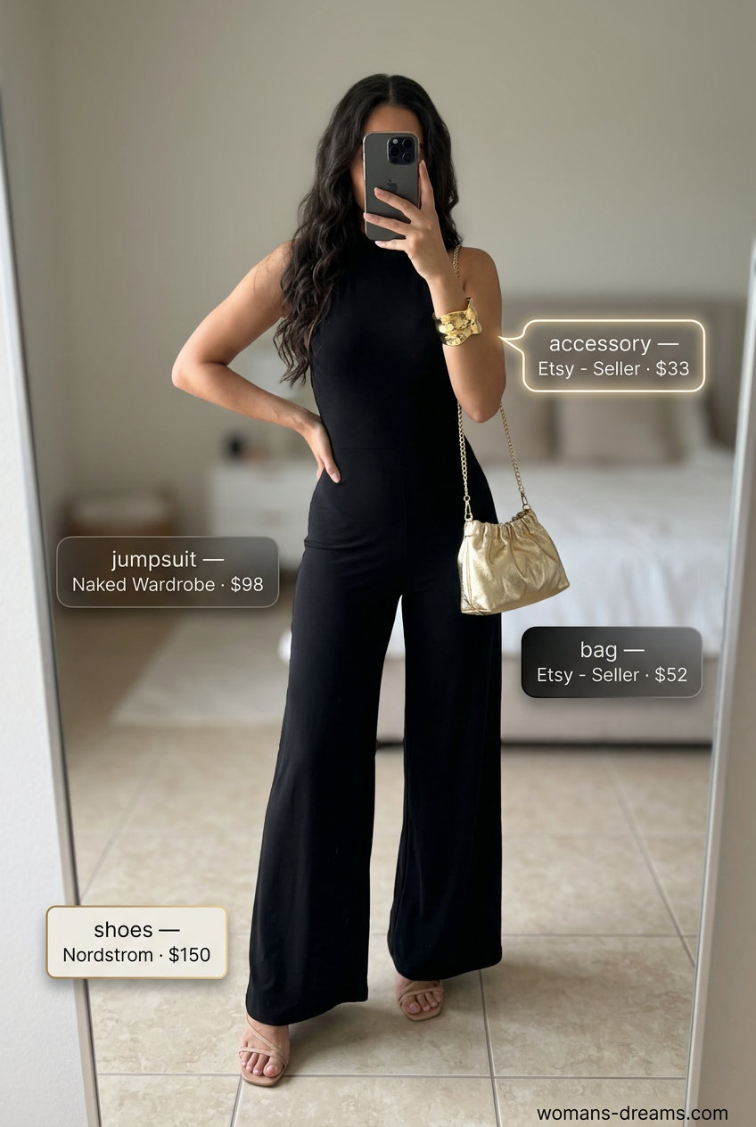 Chic black halter jumpsuit outfit for women 2026, perfect for evening events.