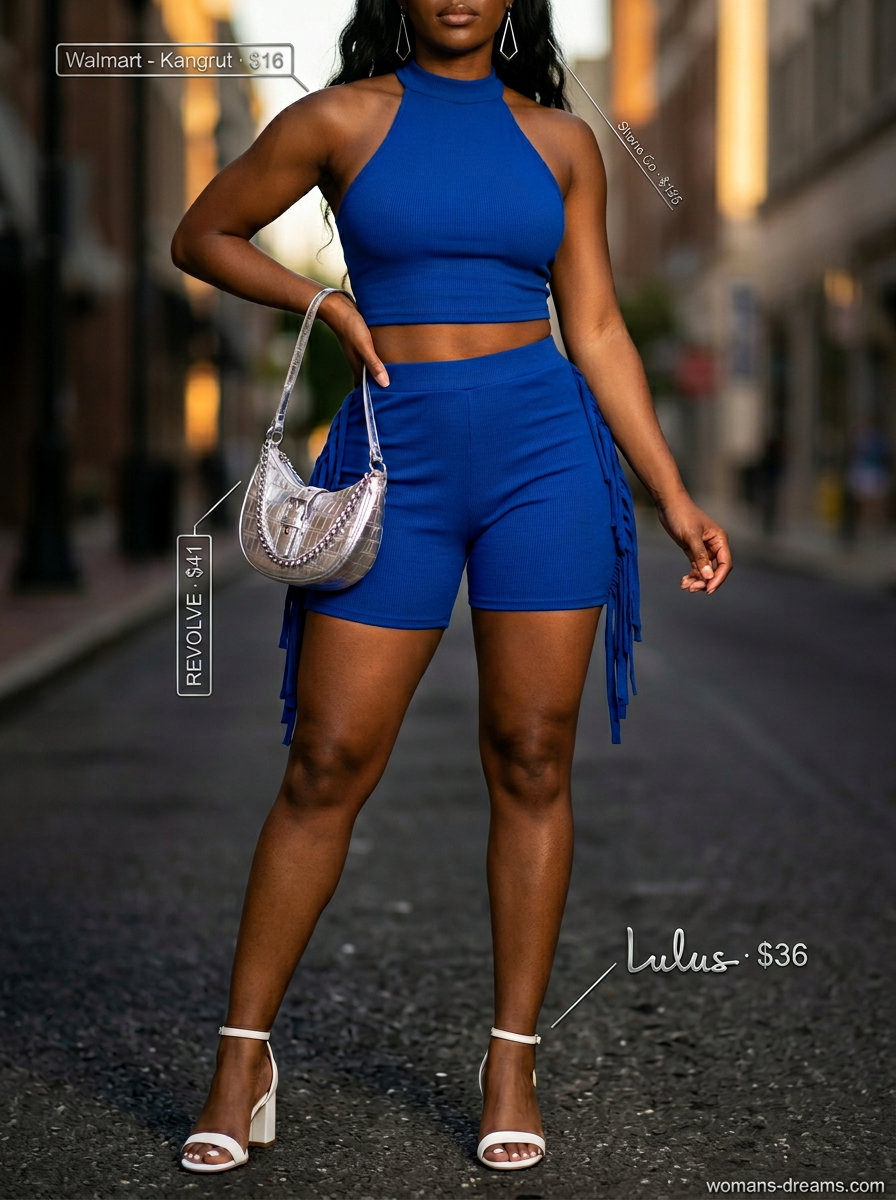 Urban cobalt blue halter shorts set outfit for women 2026, perfect for a night out.