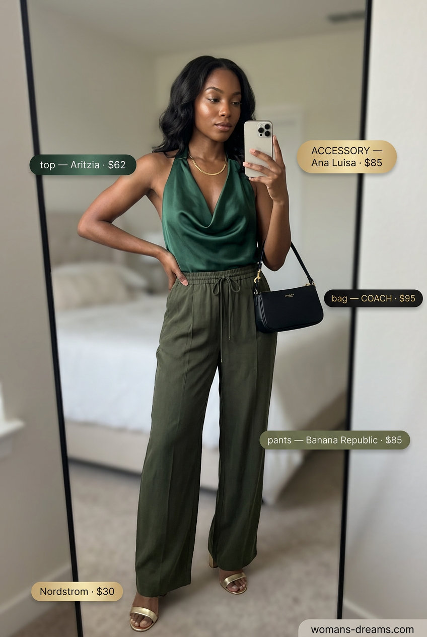 Polished olive green halter top with wide-leg pants outfit for women 2026.