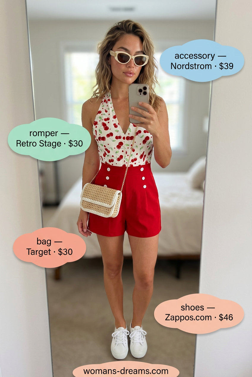 Retro cherry red halter romper outfit for women 2026, perfect for casual summer days and beach parties.