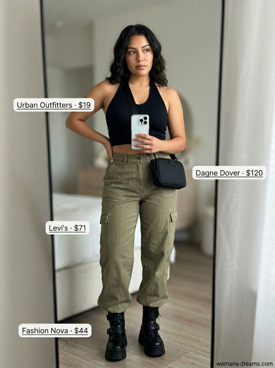 Edgy Halter Top & Cargo Pants: Black halter crop top, khaki cargo pants, platform boots for 2026.