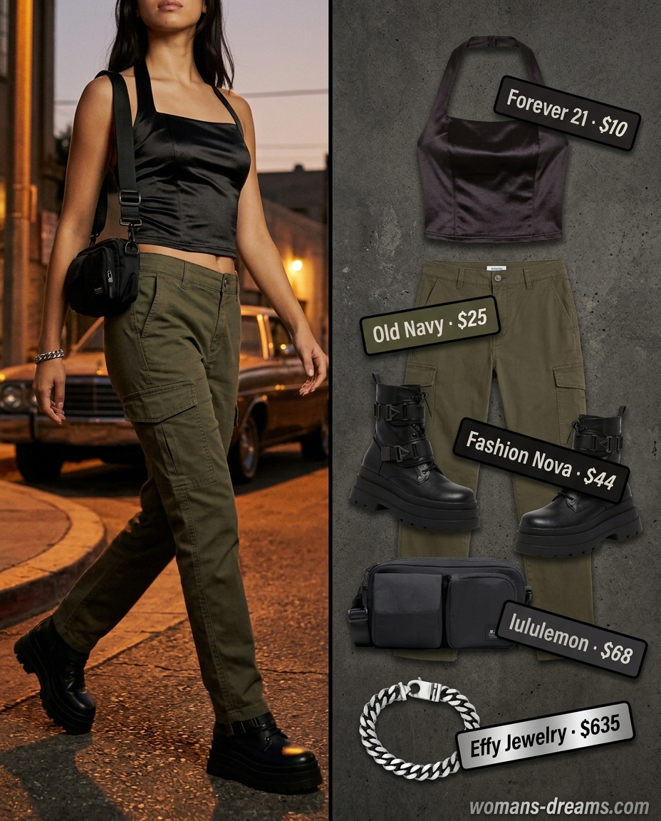 Black halter neck crop top with olive green cargo pants for summer Halter Neck outfits 2026.