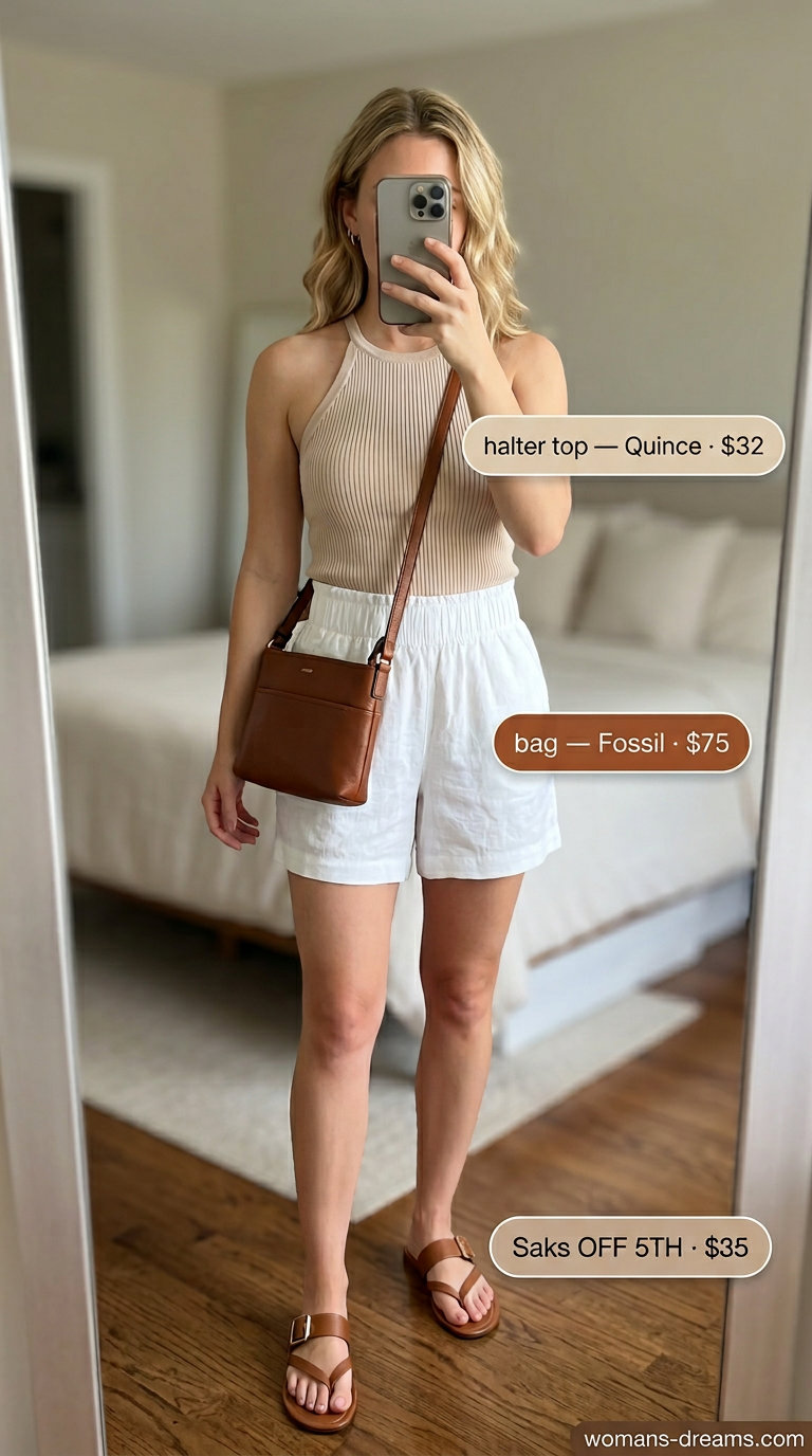 Minimalist Halter Top Outfit: Black ribbed halter tank, linen shorts, leather crossbody for 2026.