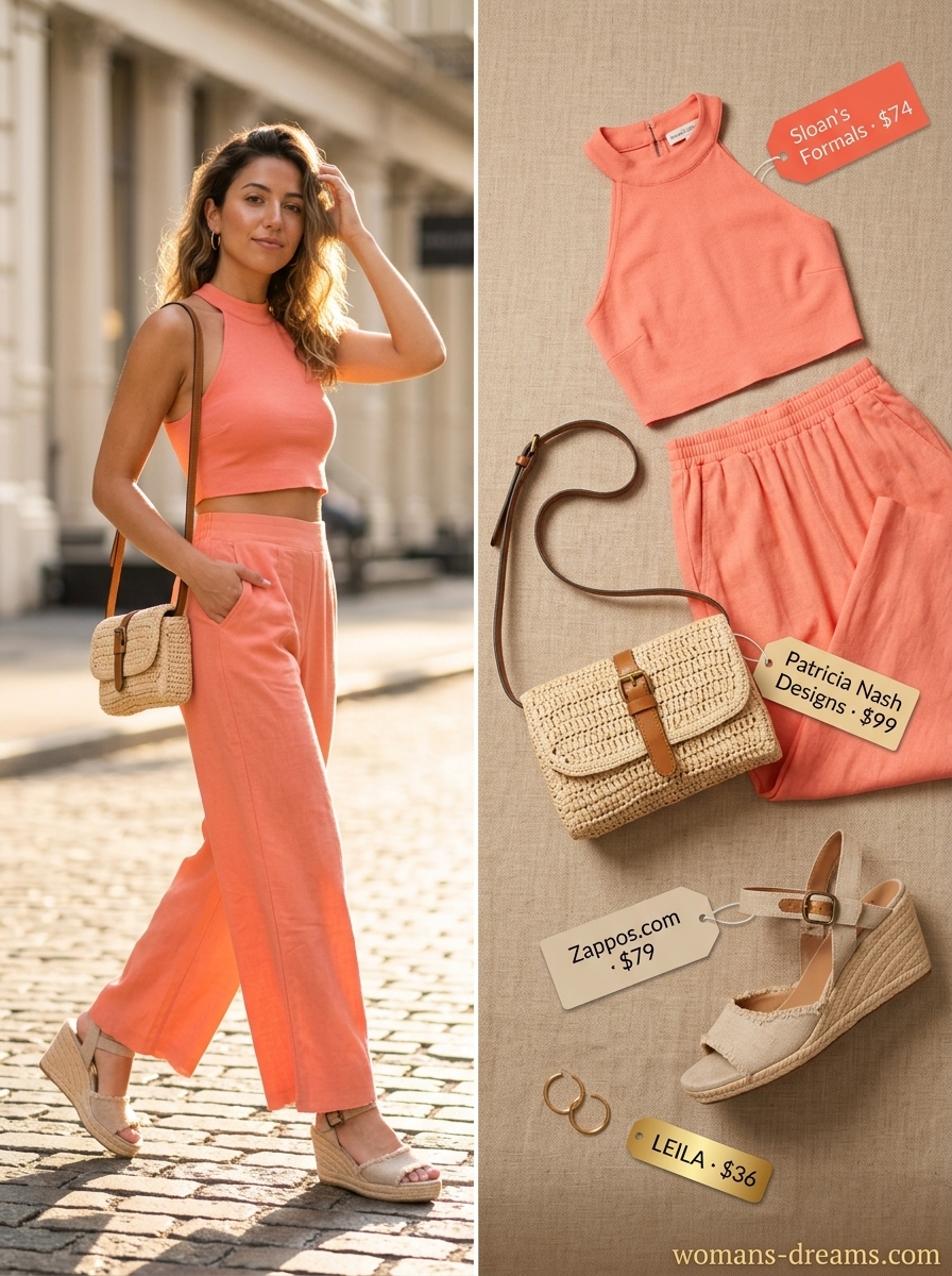 Coral halter neck crop top and matching pants set for summer Halter Neck outfits 2026.