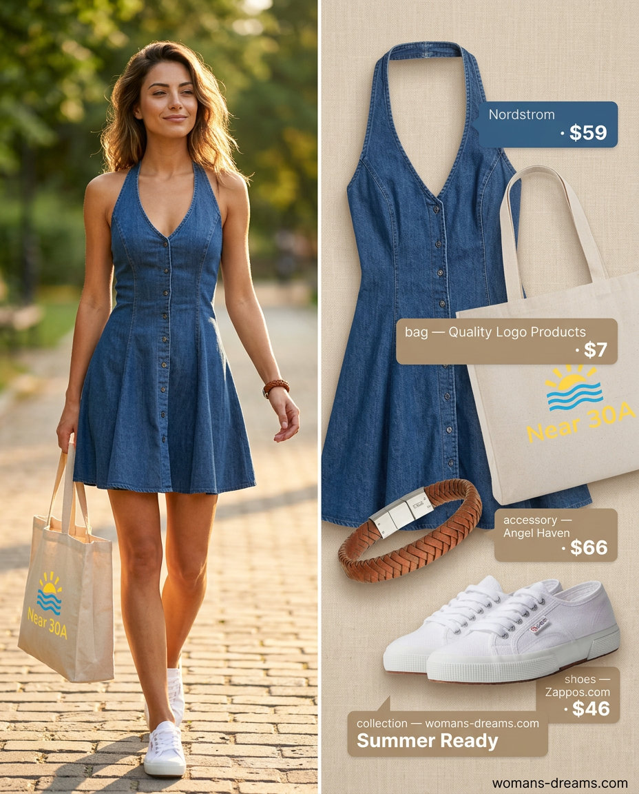 Casual Halter Denim Dress: Medium wash denim halter dress, canvas sneakers for 2026.